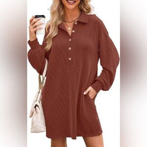 AlvaQ Womens Long Sleeve Dress Loose Button Front Lapel Collared Ribbed